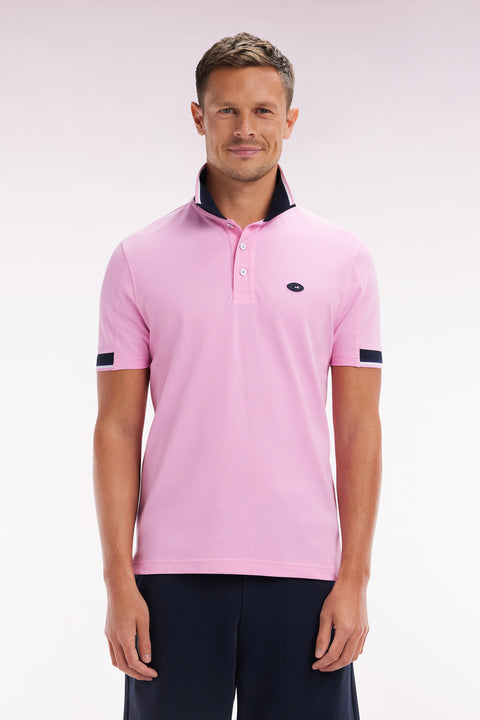 Straight-cut short-sleeved polo shirt in pink cotton with two-tone ribbed edges - Image 1