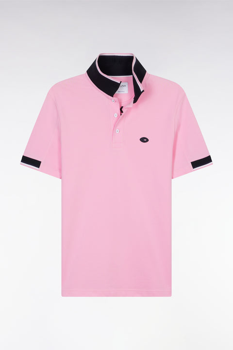 Straight-cut short-sleeved polo shirt in pink cotton with two-tone ribbed edges - Image 2