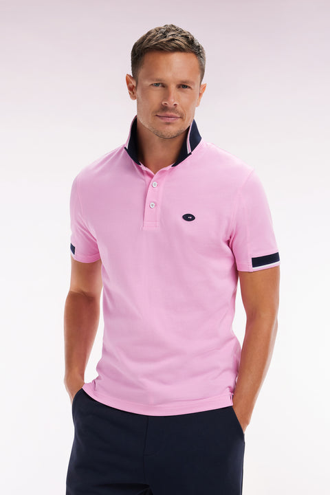 Straight-cut short-sleeved polo shirt in pink cotton with two-tone ribbed edges - Image 3