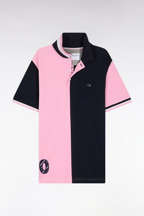 Straight-fit short-sleeved polo shirt in two-tone pink and navy cotton - Image 2