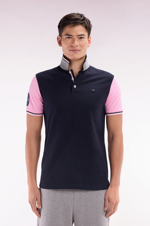 Straight-fit short-sleeved polo shirt in navy cotton piqué with 10 embroidery - Image 1