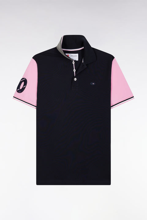 Straight-fit short-sleeved polo shirt in navy cotton piqué with 10 embroidery - Image 2