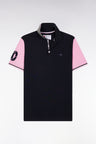 Straight-fit short-sleeved polo shirt in navy cotton piqué with 10 embroidery