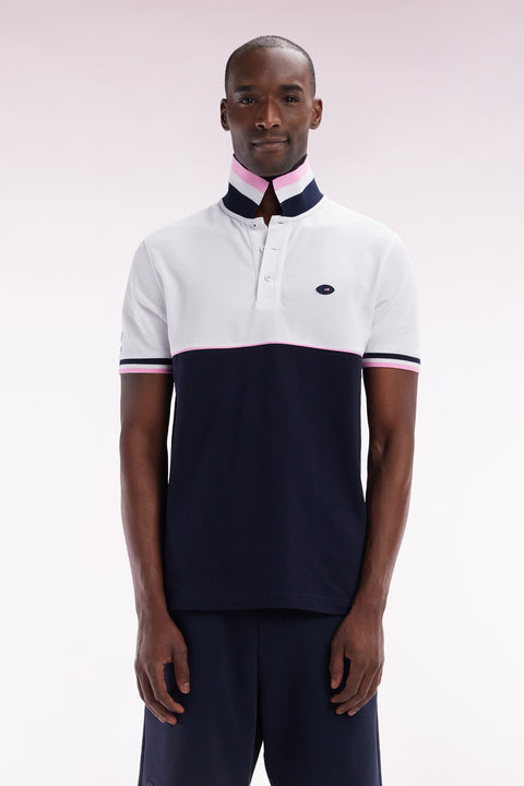 Straight-fit short-sleeved polo shirt in two-tone navy and white cotton piqué - Image 1