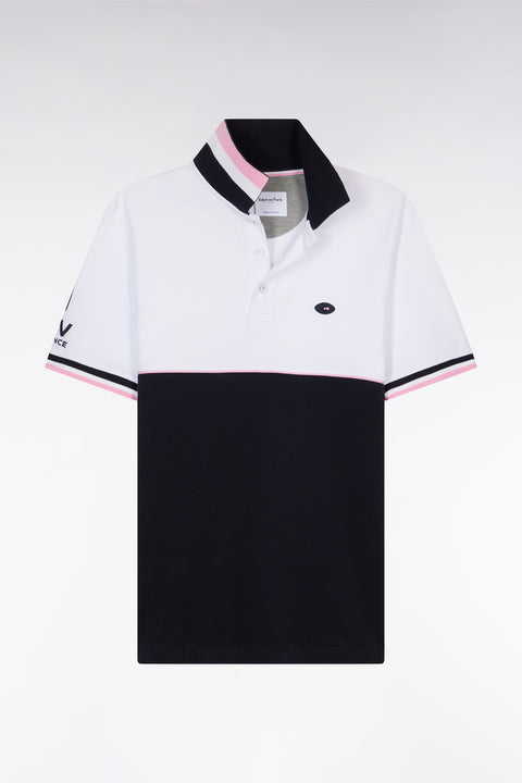 Straight-fit short-sleeved polo shirt in two-tone navy and white cotton piqué - Image 2