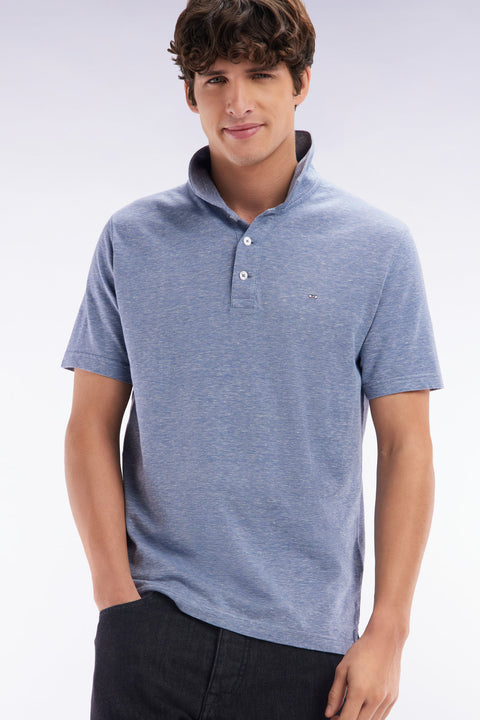 Straight-fit short-sleeved polo shirt in dark grey cotton-linen blend - Image 3