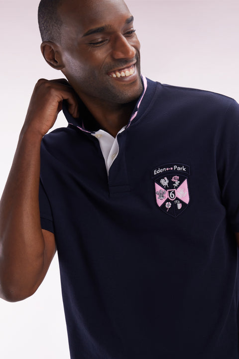 Straight-fit 6 Nations short-sleeved polo shirt in navy cotton piqué - Image 3