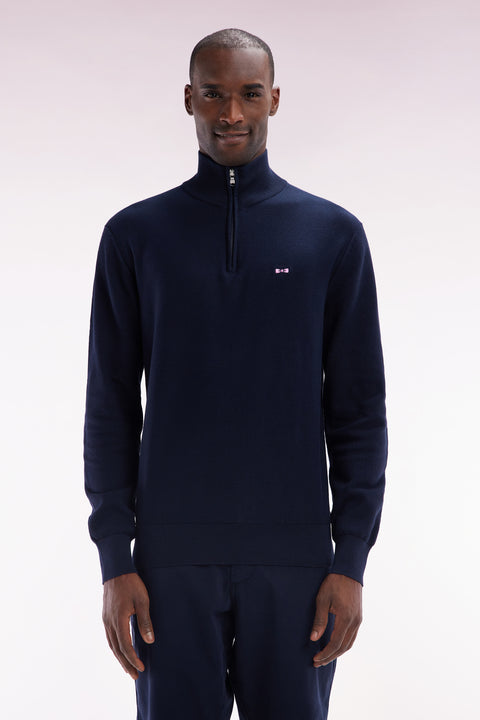 Pull col camionneur en coton marine broderie dos nœud papillon cerclée coupe droite - Image 1