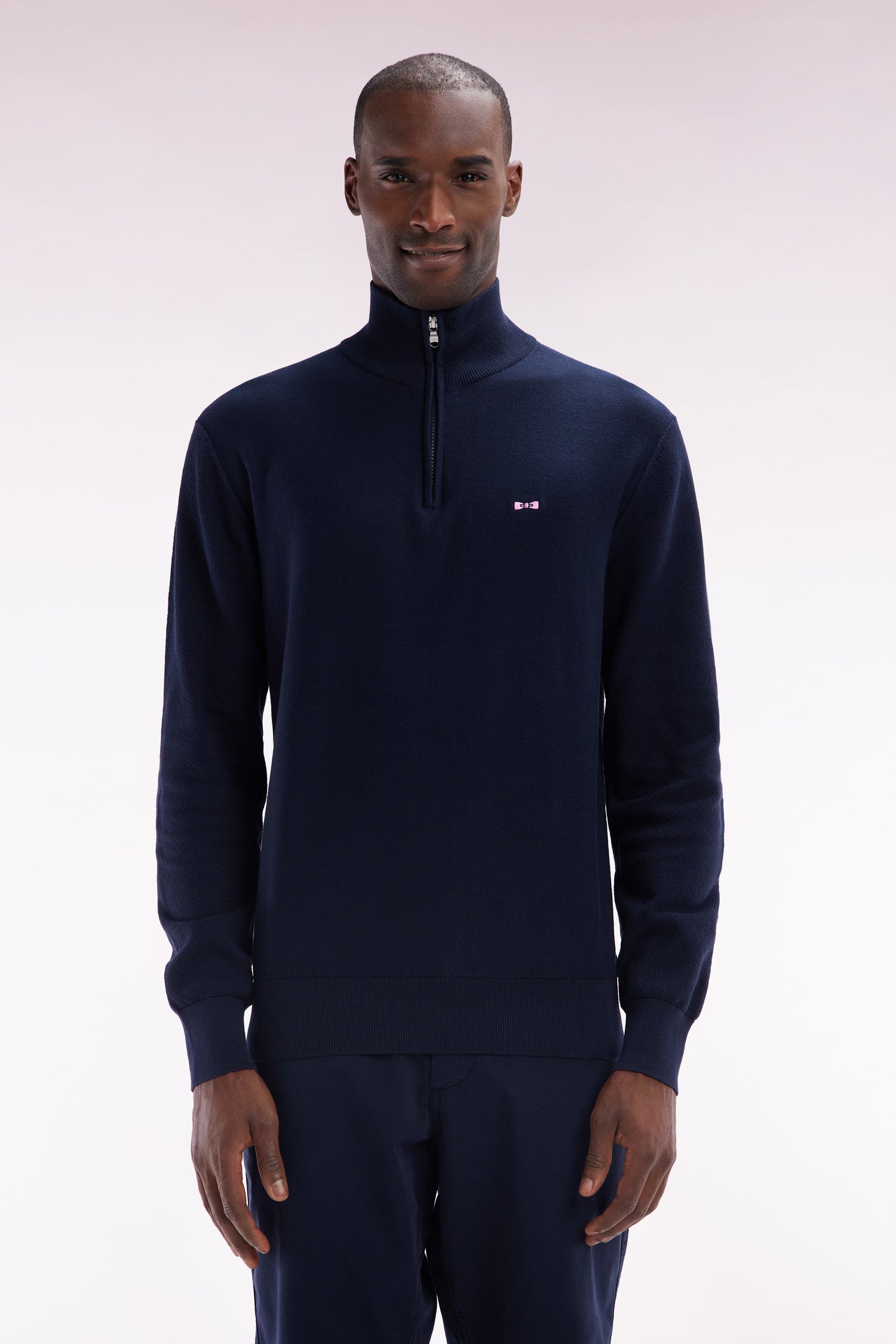 Pull col camionneur en coton marine broderie dos nœud papillon cerclée coupe droite