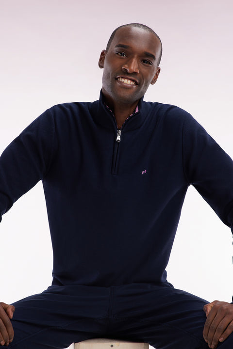 Pull col camionneur en coton marine broderie dos nœud papillon cerclée coupe droite - Image 3