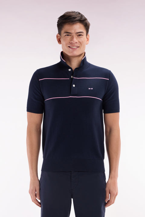 Straight-fit short-sleeved jumper with polo collar in navy and pink cotton - Image 1