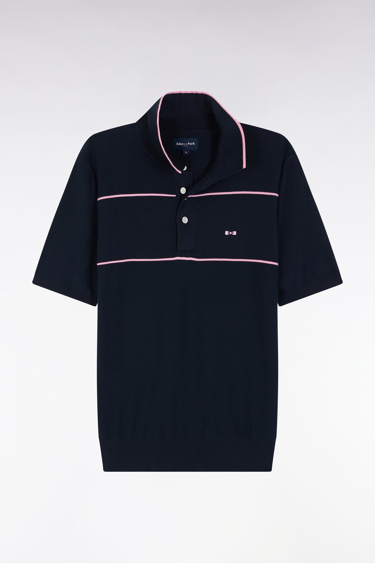 Pull manches courtes à col polo en coton marine et rose coupe droite