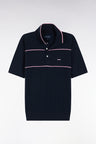 Pull manches courtes à col polo en coton marine et rose coupe droite