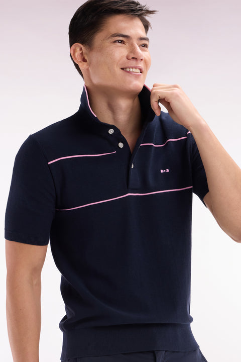 Straight-fit short-sleeved jumper with polo collar in navy and pink cotton - Image 3