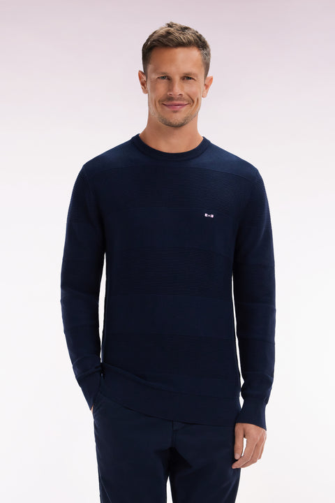 Straight-fit navy cotton knit round-neck jumper - Image 1