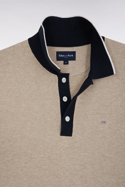 Straight-fit short-sleeved polo collar jumper in beige cotton - Image 2