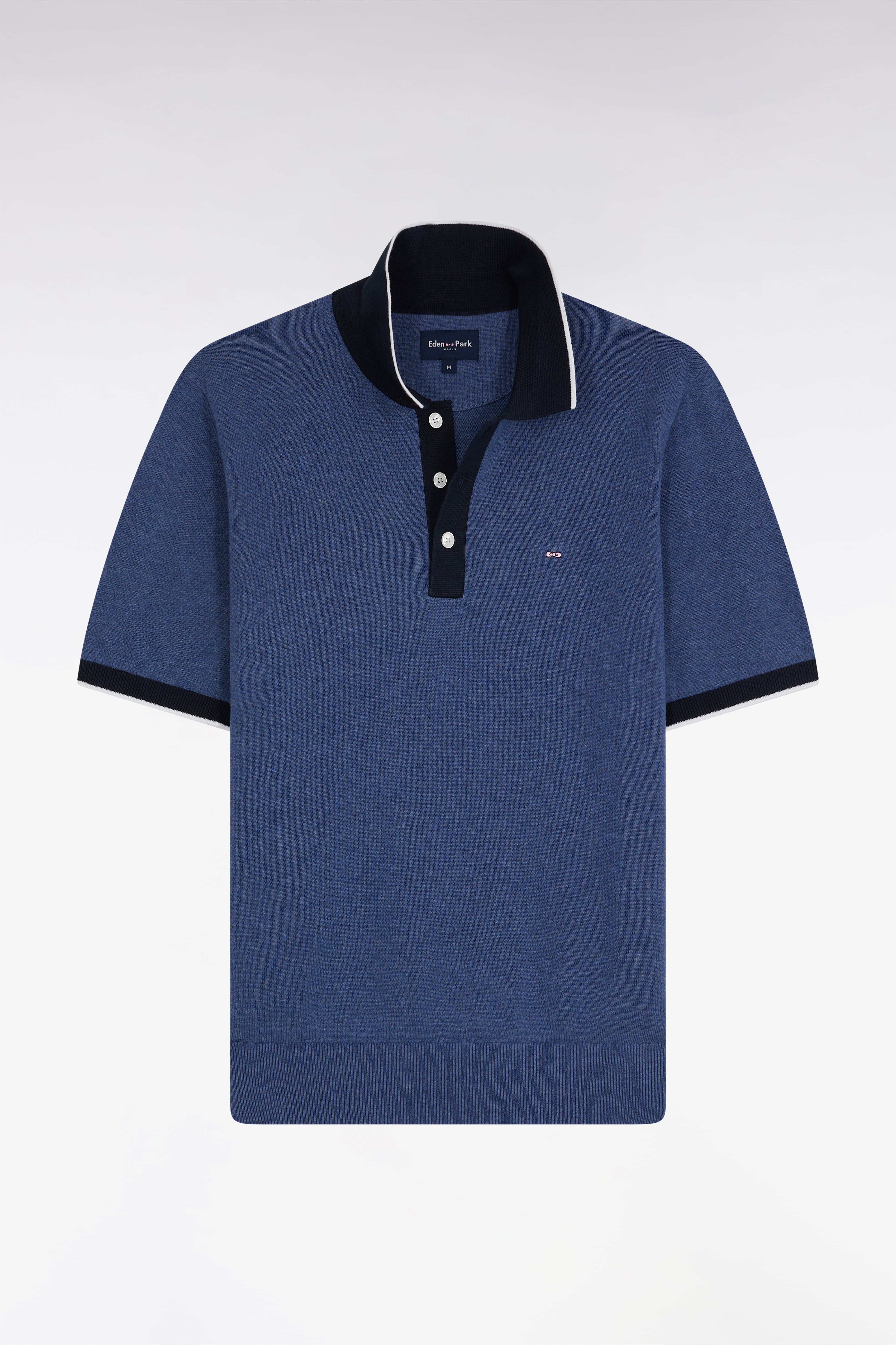 Pull manches courtes à col polo en coton bleu coupe droite