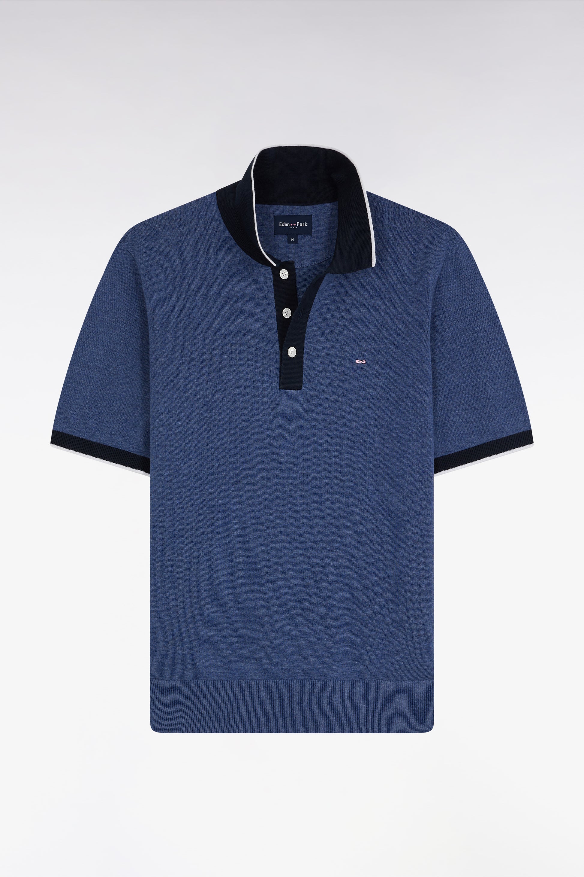 Pull manches courtes à col polo en coton bleu coupe droite