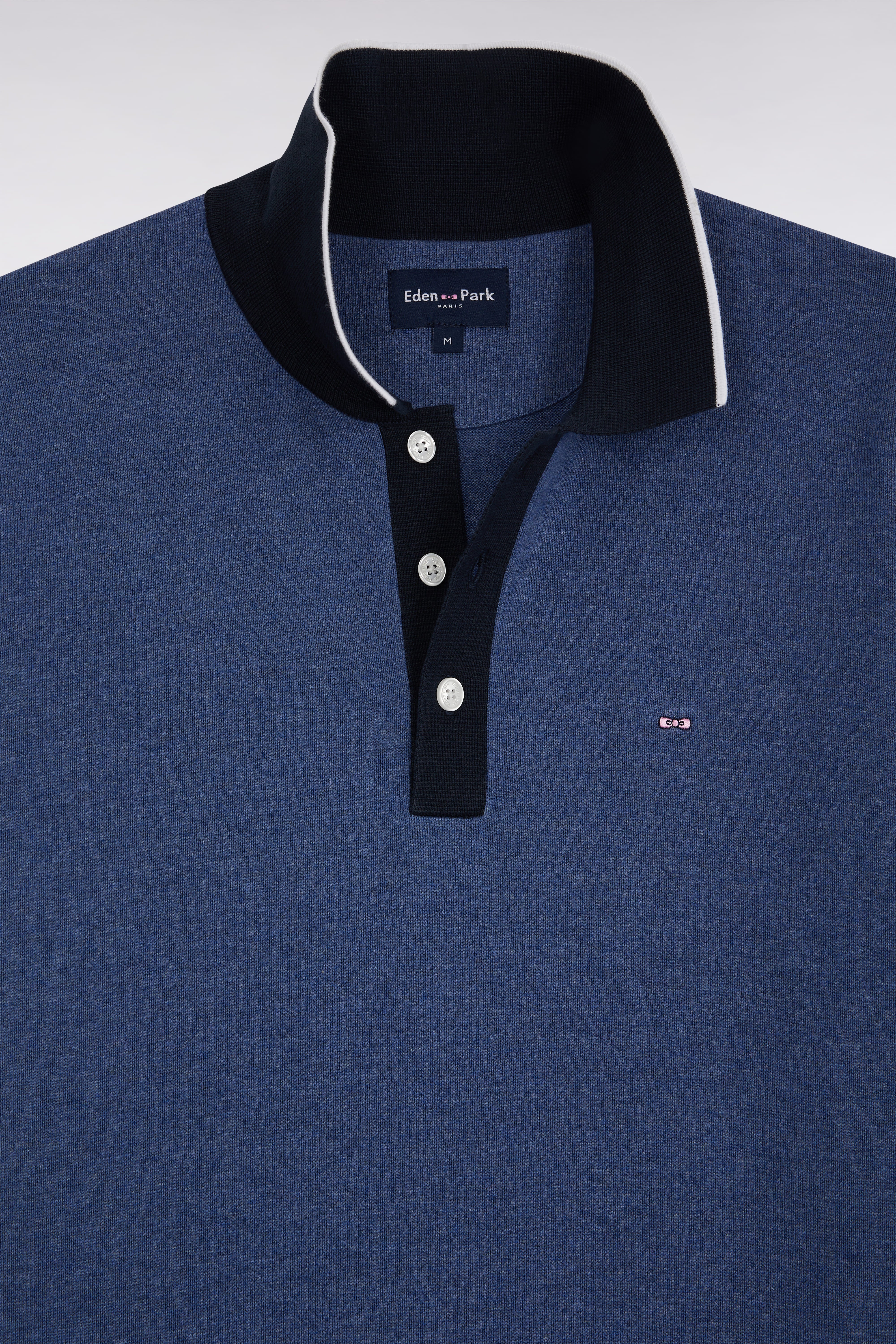 Pull manches courtes à col polo en coton bleu coupe droite