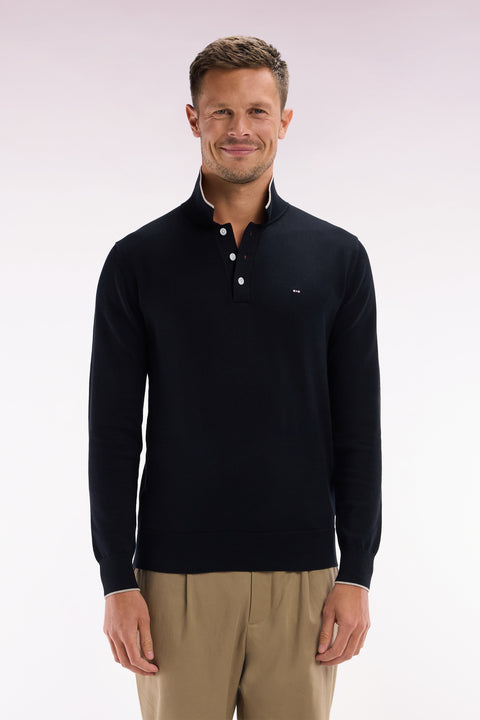 Straight-fit black and brown cotton jumper with a rugby-style collar - Image 1