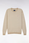 Straight-fit round neck cotton jumper in beige cotton