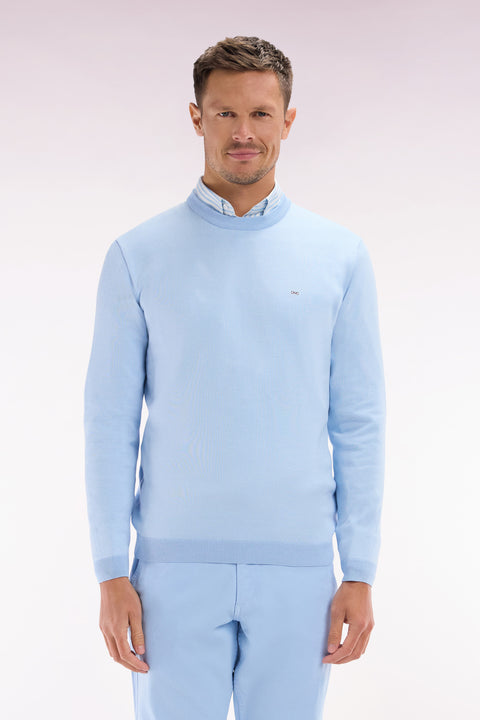 Straight-fit round neck cotton jumper in sky blue cotton - Image 1