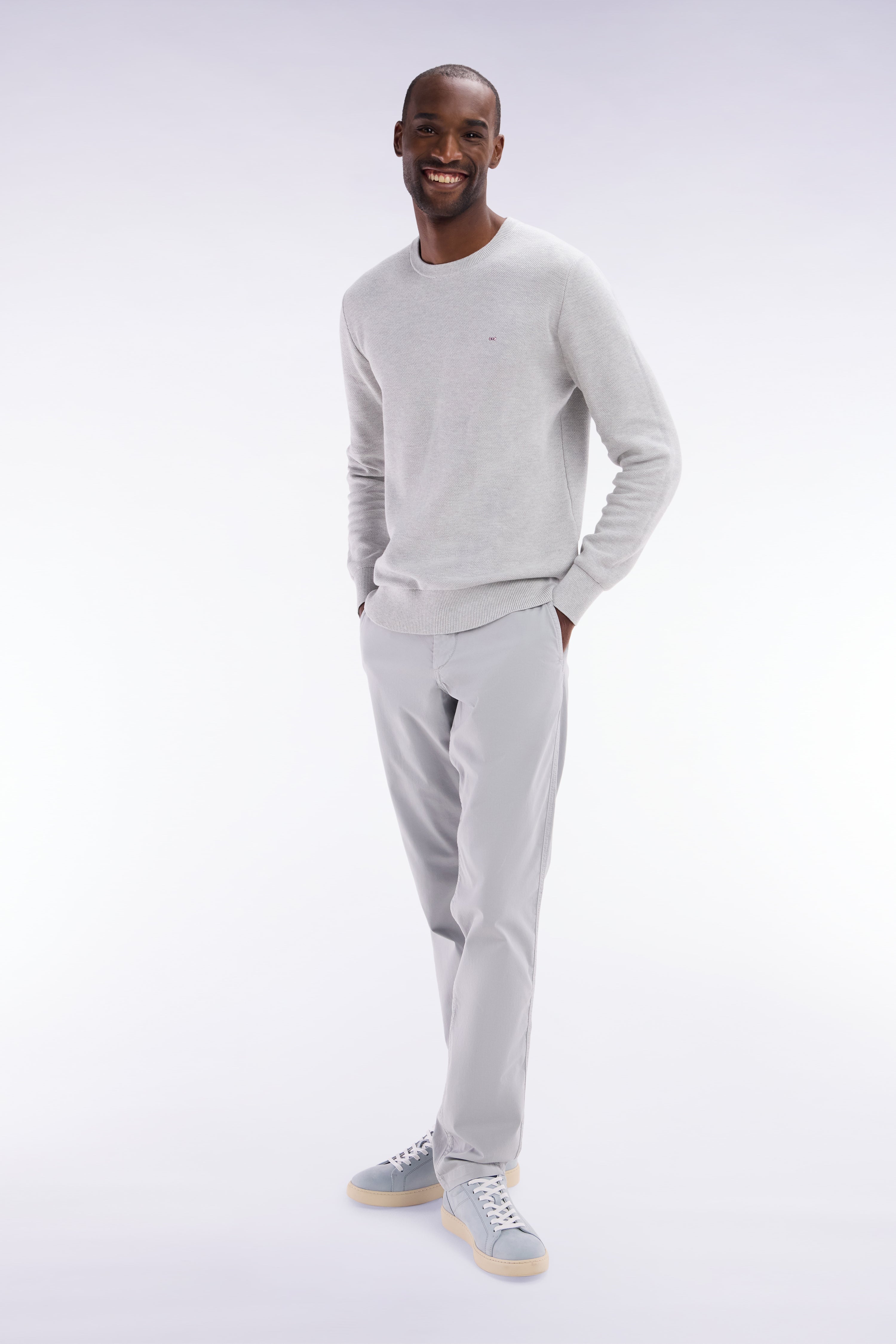 Pull col rond en coton nid d'abeille gris coupe droite