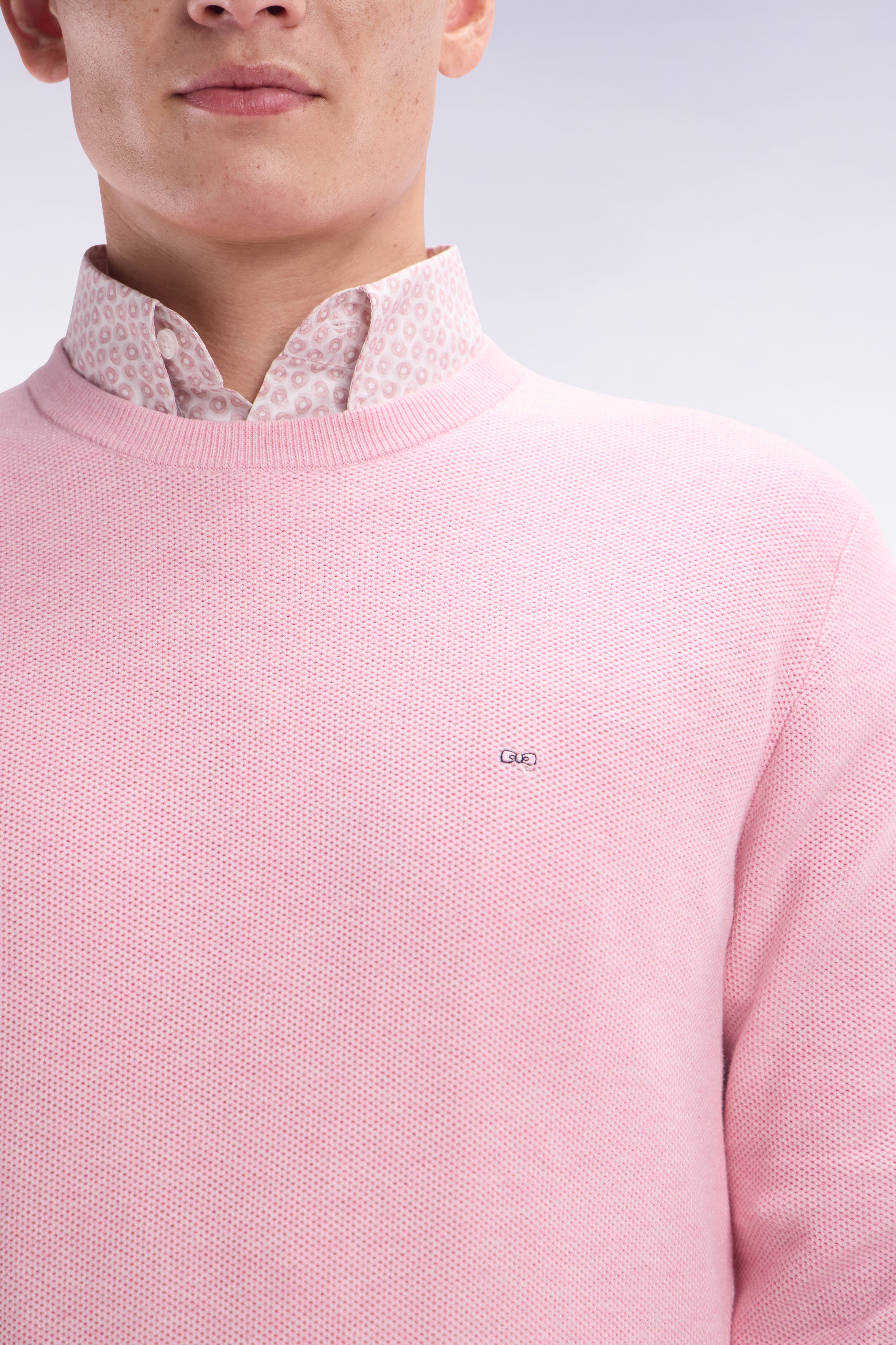 Pull col rond en coton nid d'abeille rose coupe droite