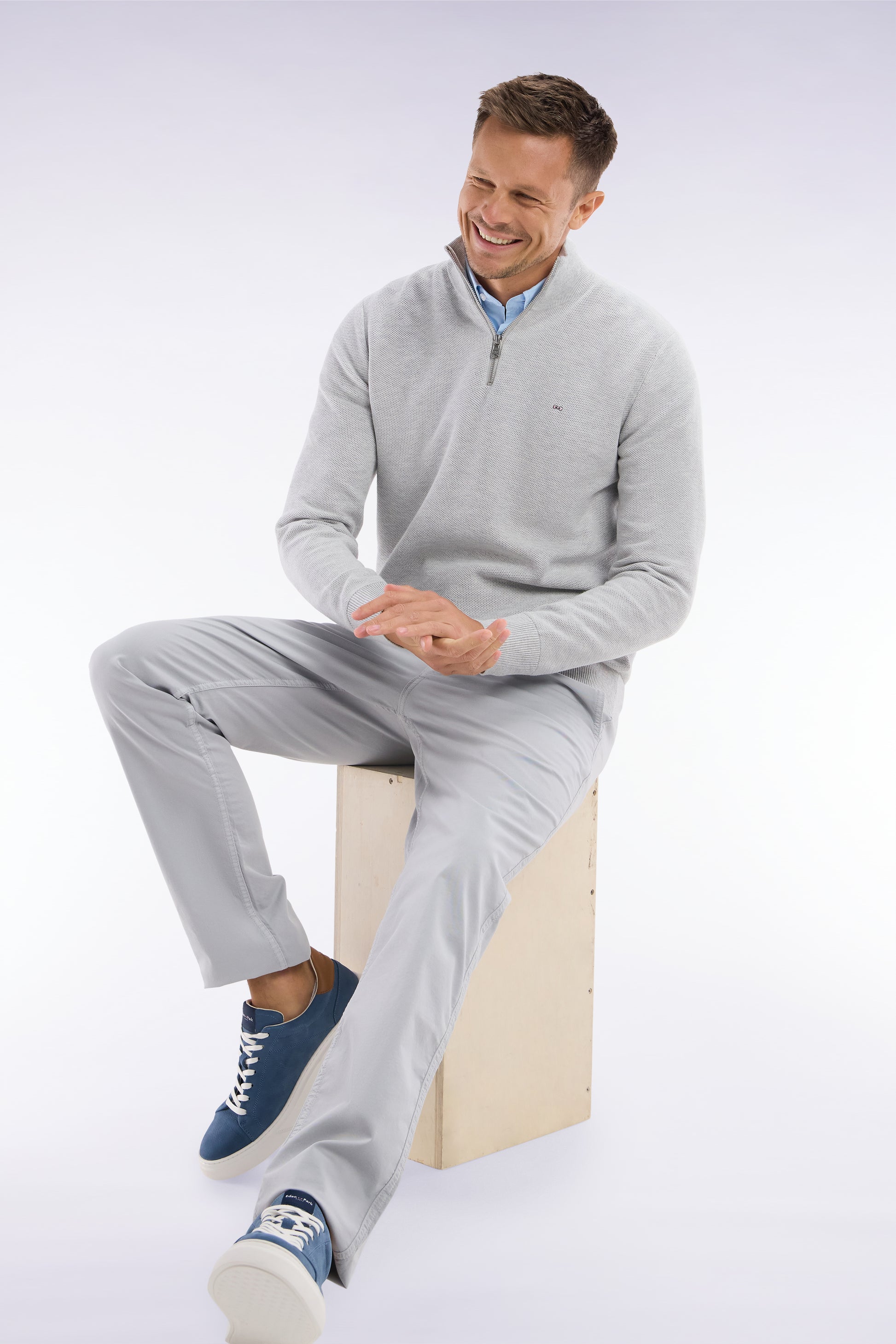 Pull col camionneur en coton nid d'abeille gris coupe droite