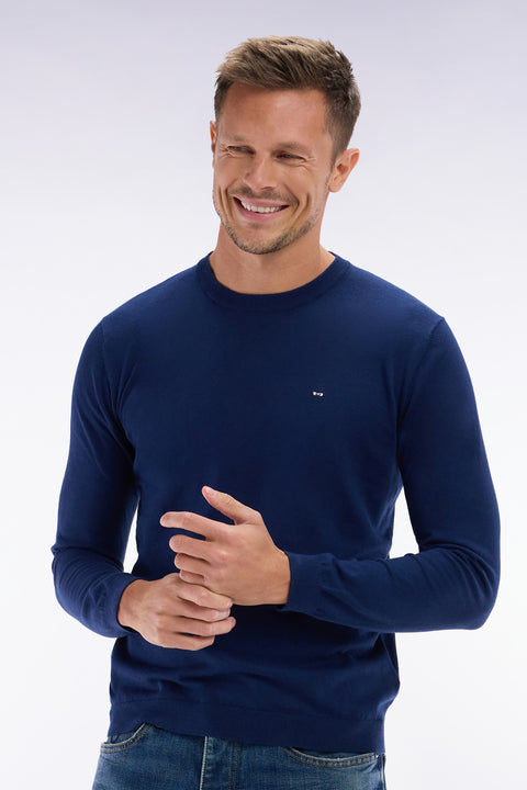 Pull col rond en coton et soie mélangés marine coupe droite - Image 3