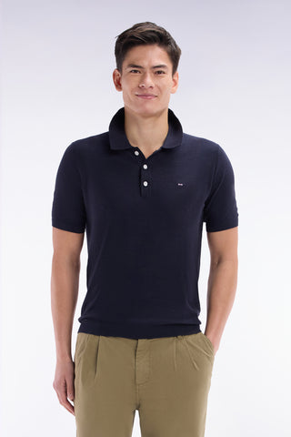 Straight-fit short sleeves navy polo collar jumper