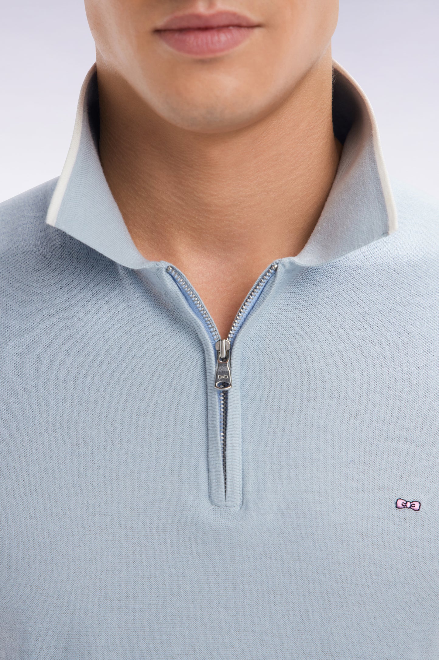 Straight-fit sky blue polo neck jumper in organic cotton and cashmere blend
