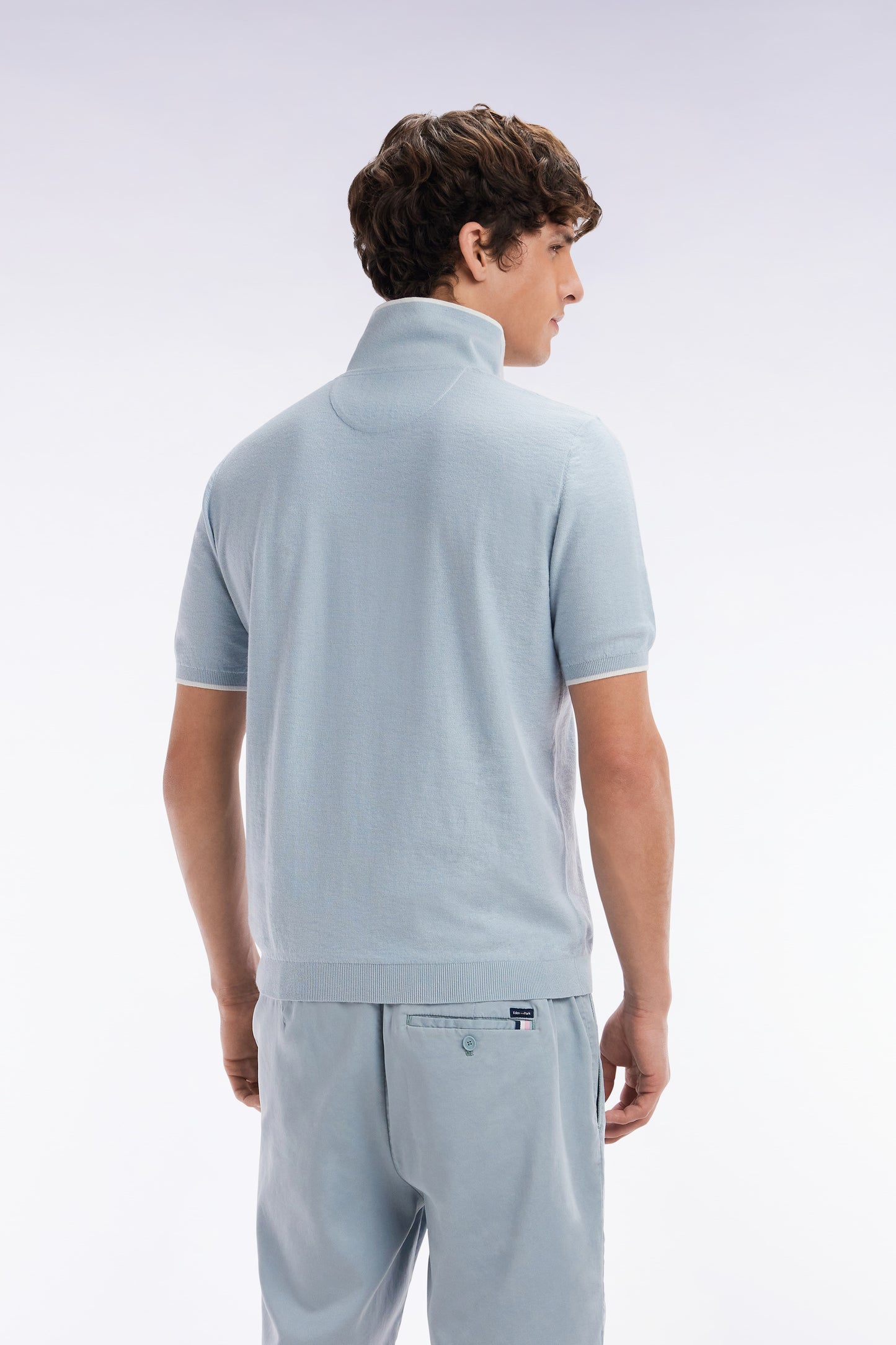 Straight-fit sky blue polo neck jumper in organic cotton and cashmere blend