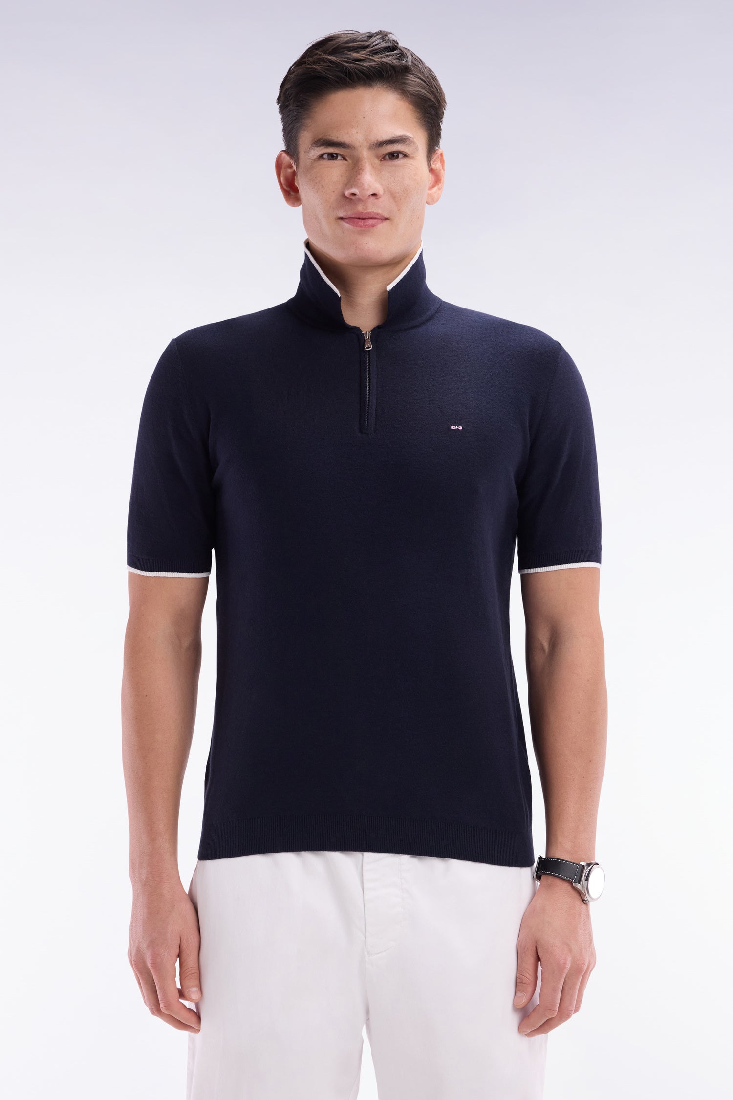 jersey cuello polo en algodón biologique y cachemire azul marino corte recto