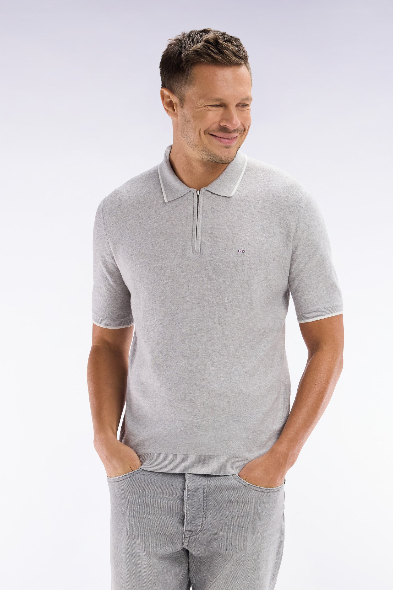 Pullover Polokragen aus Baumwolle biologique und cachemire grau gerade Passform