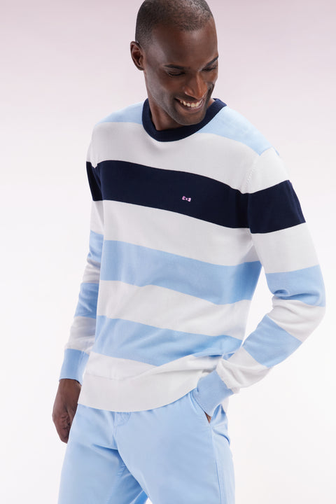 Round collar striped jumper in sky blue and white cotton - Image 3