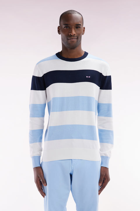 Round collar striped jumper in sky blue and white cotton - Image 1