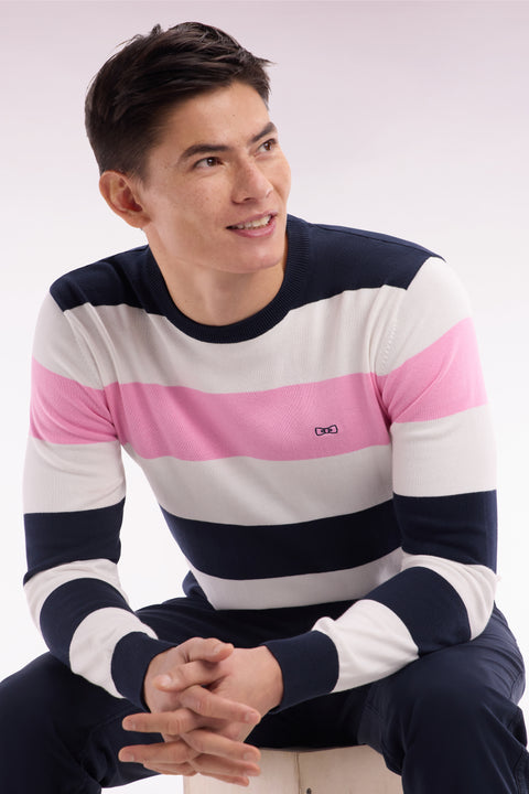 Pull col rond cerclé en coton blanc et marine - Image 3