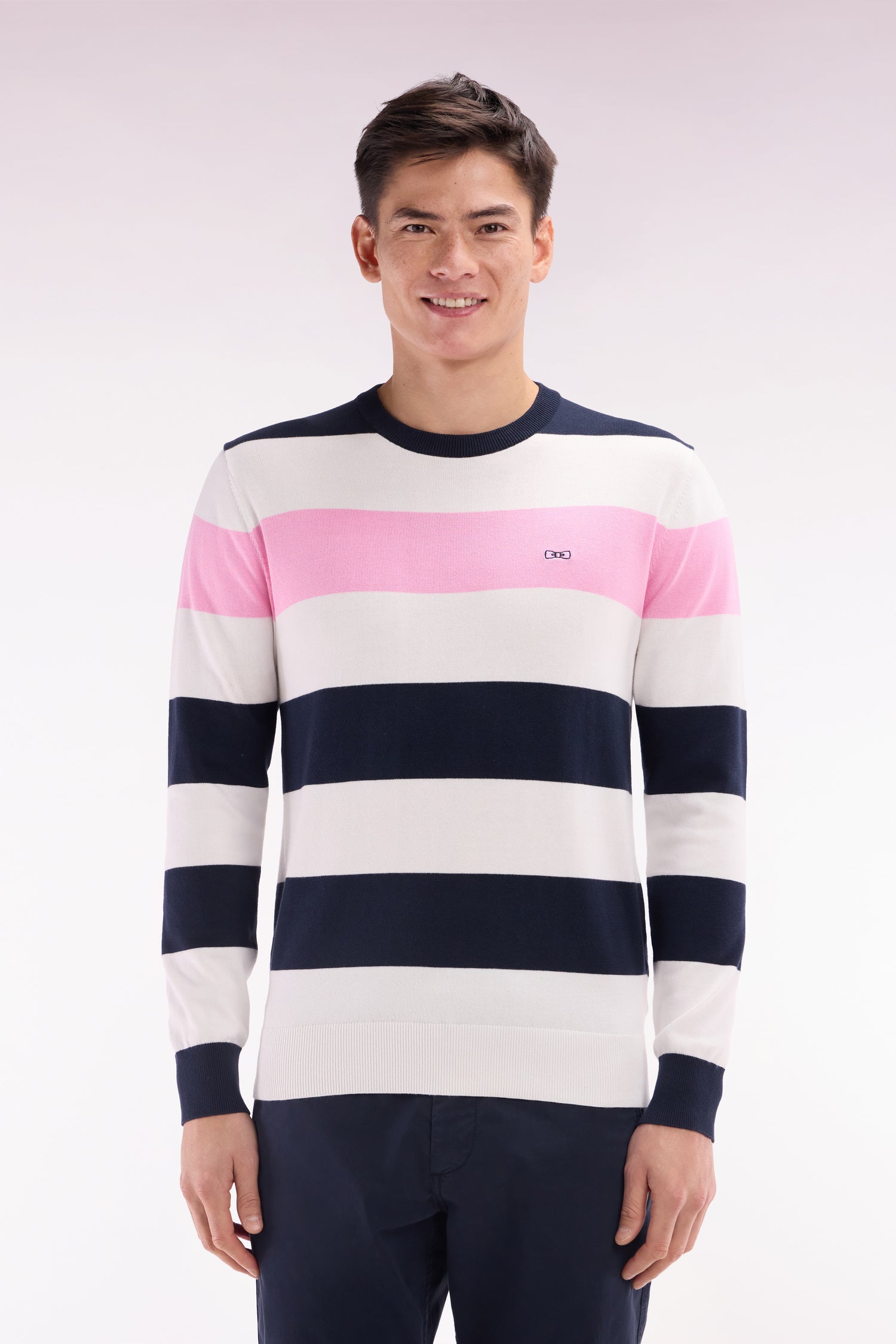 maglione girocollo cerchiato in cotone bianco e blu navy