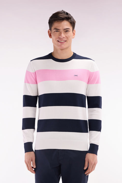 Pull col rond cerclé en coton blanc et marine - Image 1