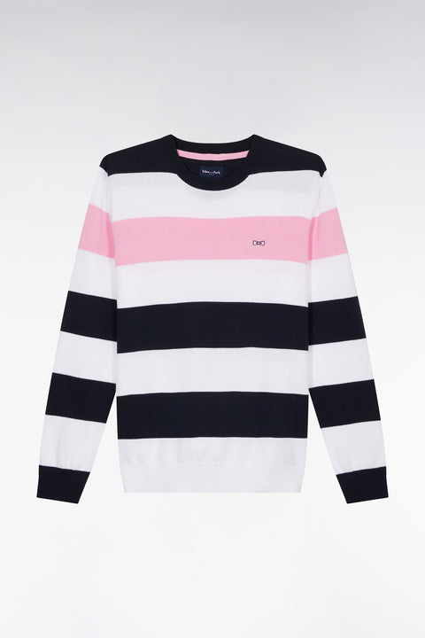 Pull col rond cerclé en coton blanc et marine - Image 2