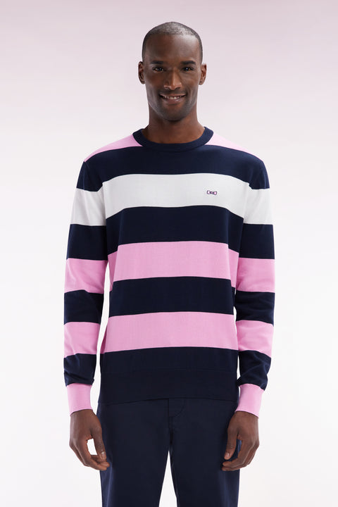 Pull col rond cerclé en coton rose et marine - Image 1