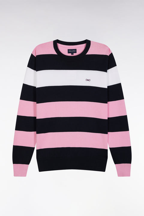 Pull col rond cerclé en coton rose et marine - Image 2
