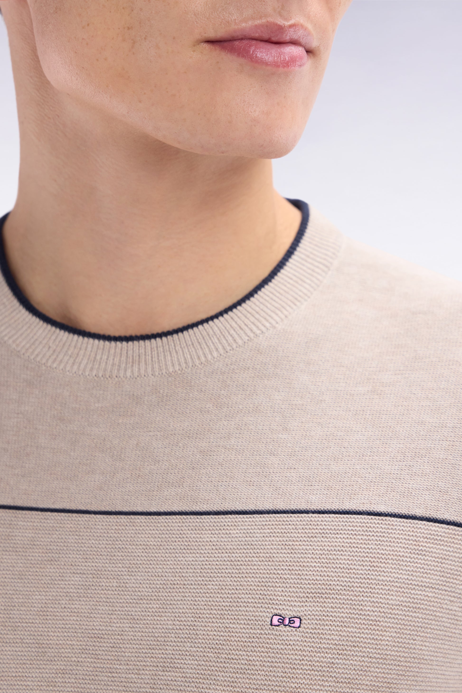 Pull col rond cerclé en coton beige