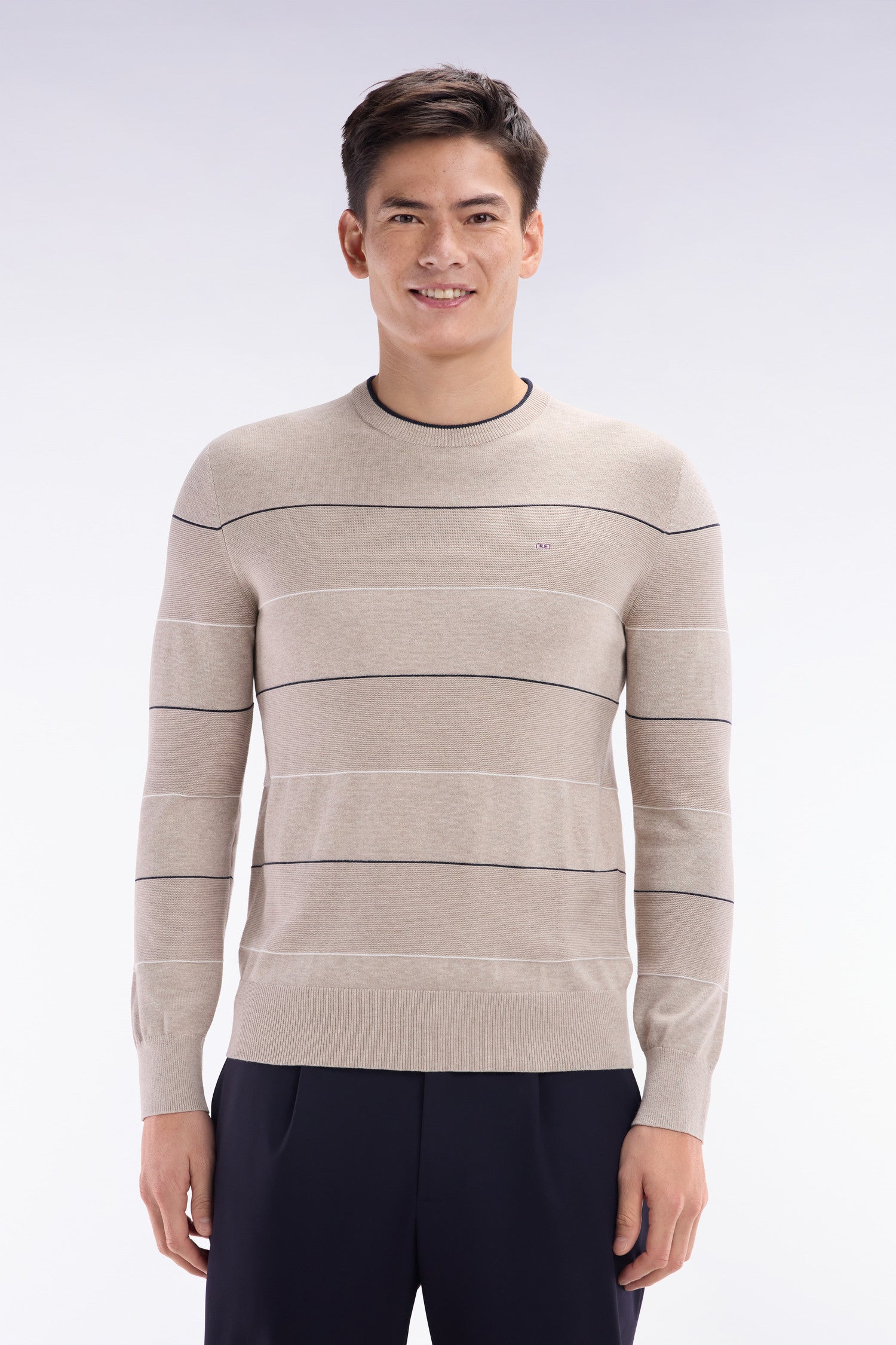 maglione girocollo cerchiato in cotone beige