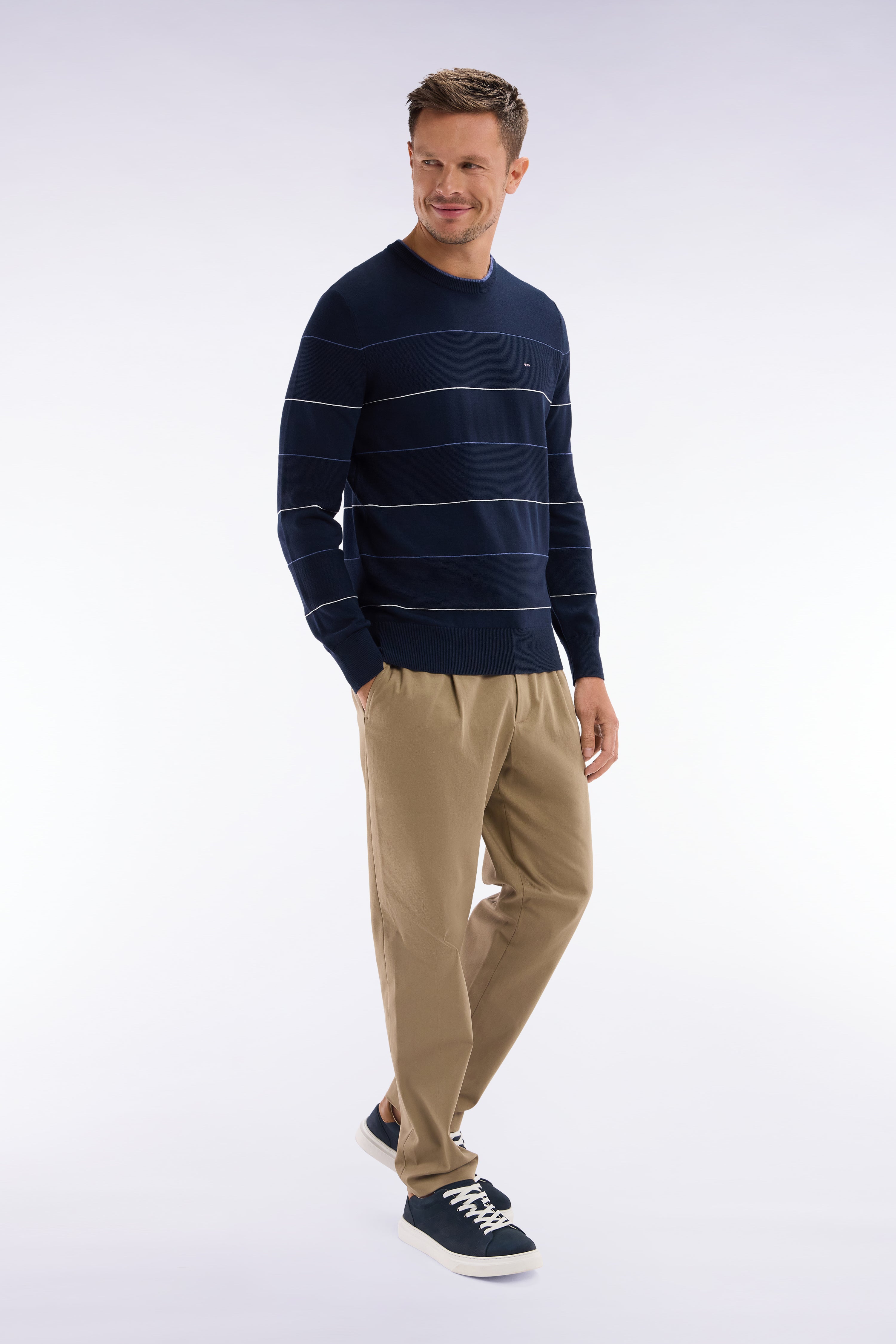 sweater crew neck ringed in cotton navy