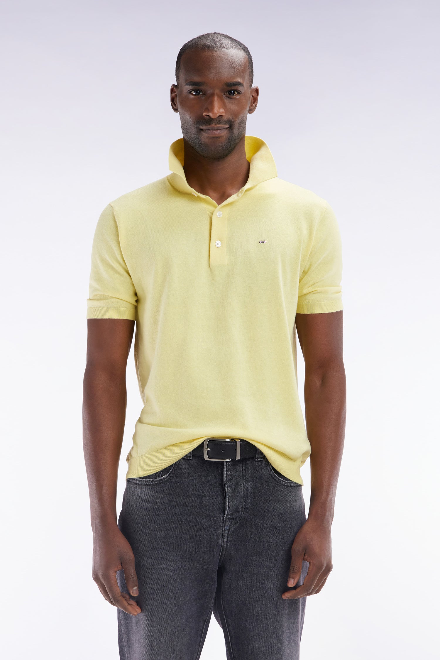 Pull col polo en coton et soie mélangés jaune coupe droite