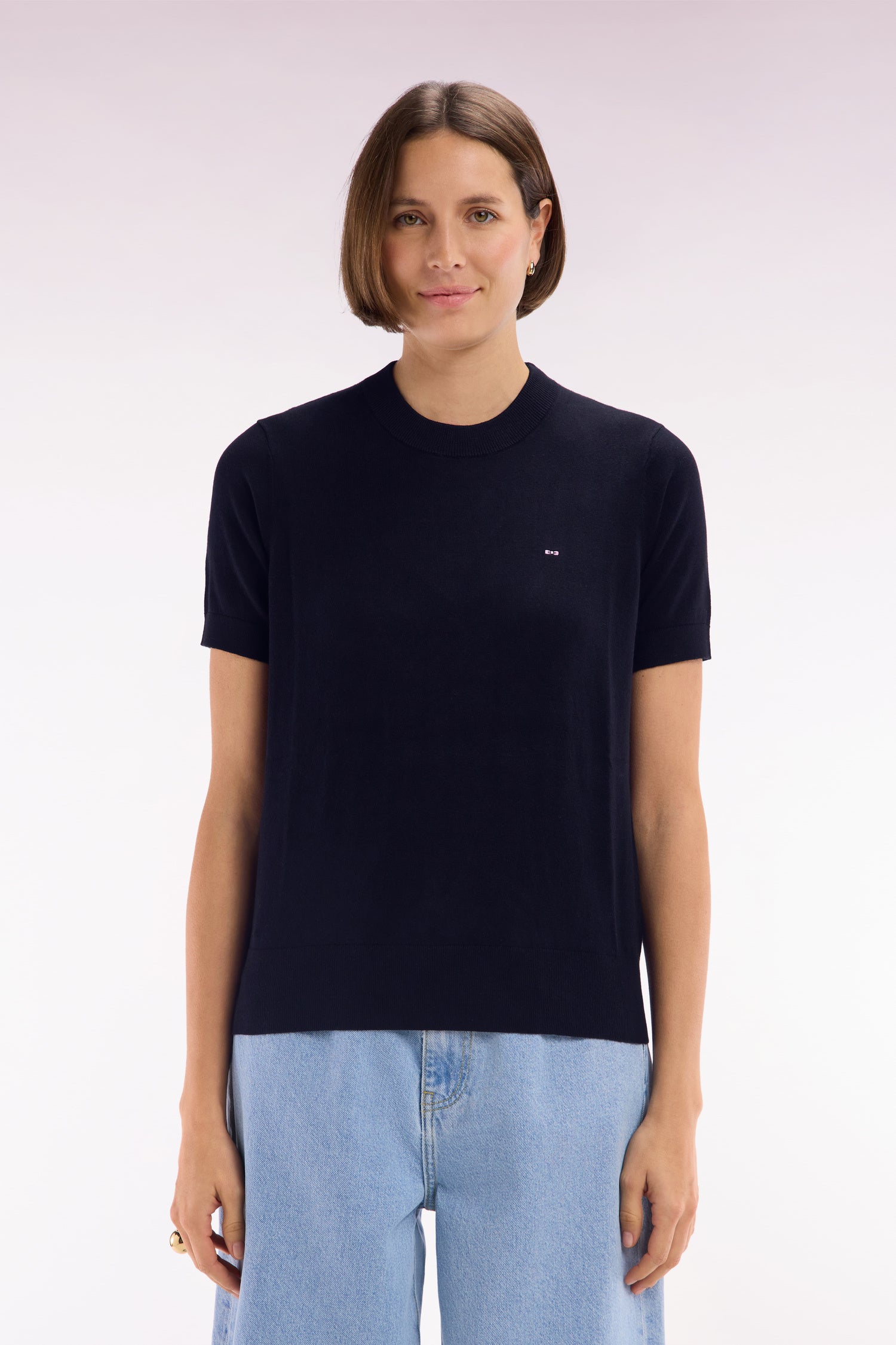 Pullover Rundhalsausschnitt kurzärmelig aus Baumwolle biologique und cachemire Marineblau gerade Passform