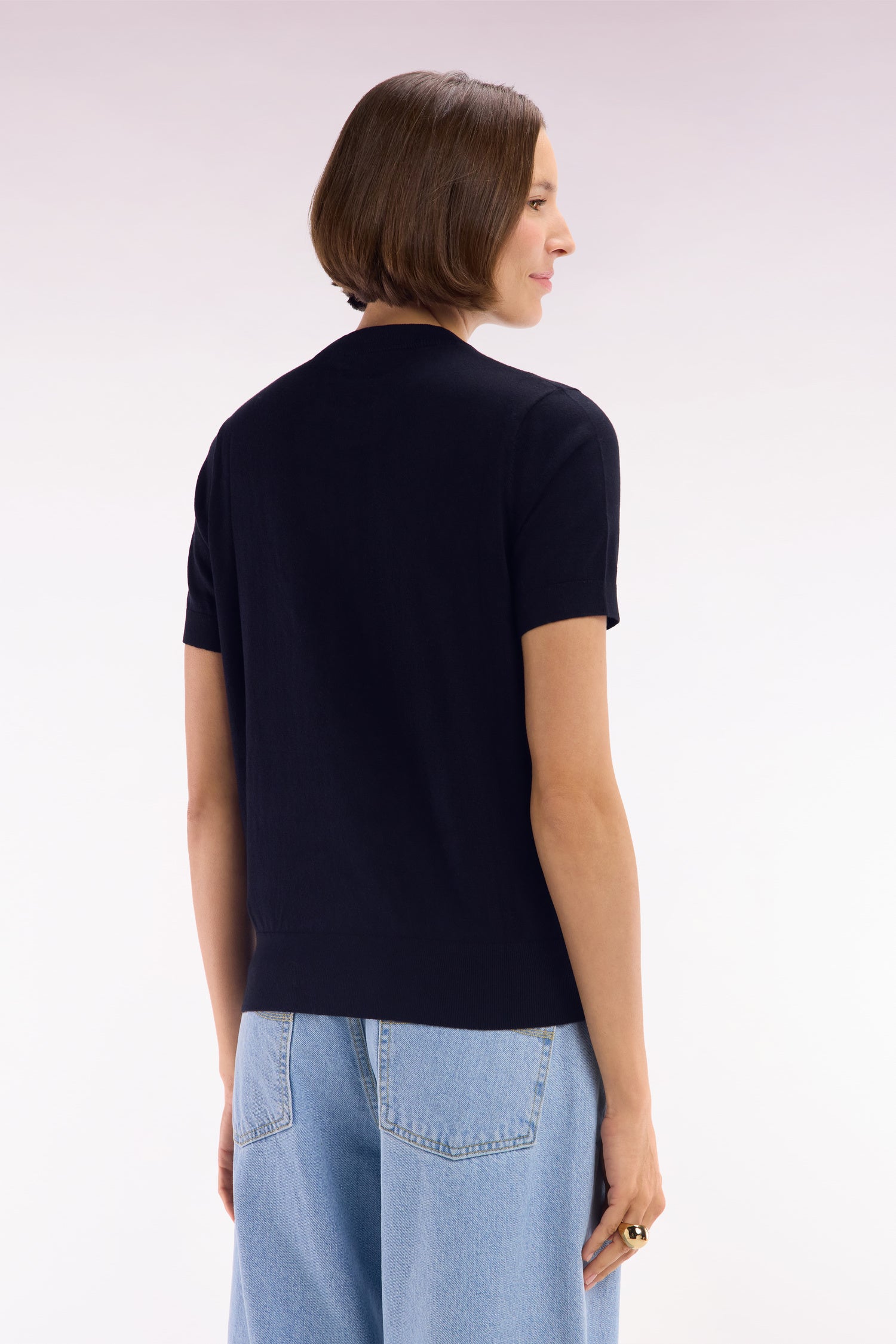 Pullover Rundhalsausschnitt kurzärmelig aus Baumwolle biologique und cachemire Marineblau gerade Passform