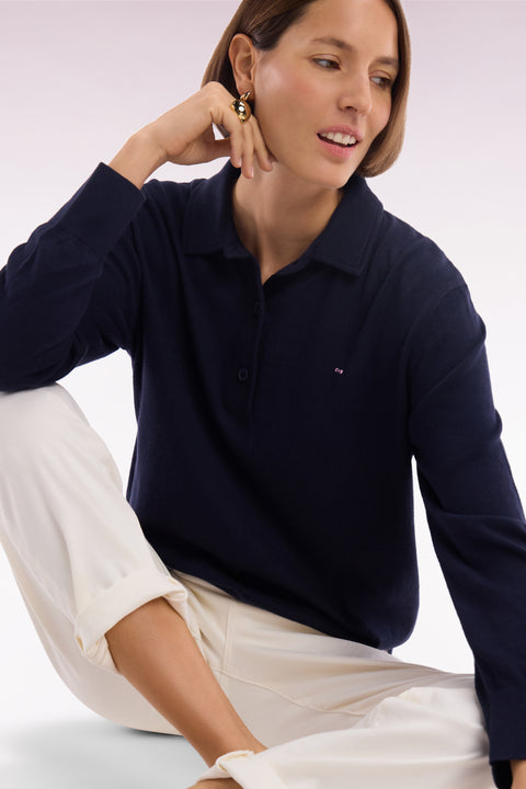 Pull à col maillot en coton biologique et cachemire marine coupe décontractée - Image 1